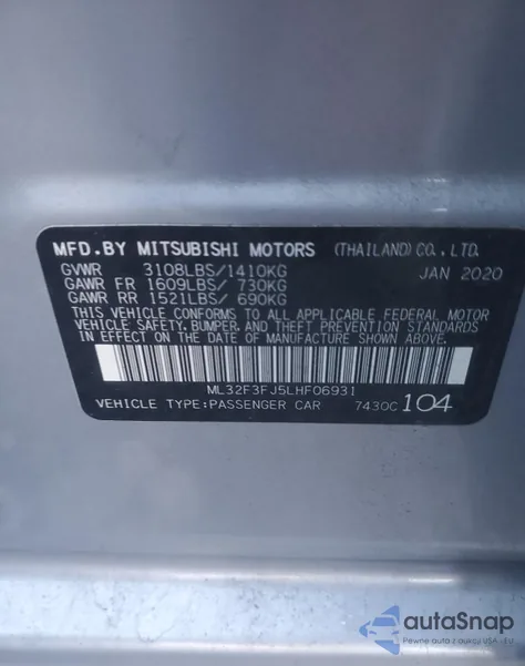 2020 Mitsubishi Mirage G4 Es z USA, uszkodzony, nr VIN ML32F3FJ5LHF06931